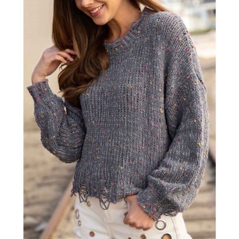 POL Gray Confetti Knit Sweater size S Small Distressed Dots Colorful Cozy Knit